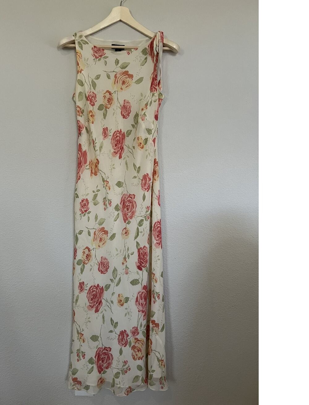 Vintage Y2K Ann Taylor Silk Midi Dress Cream with Roses Size 8